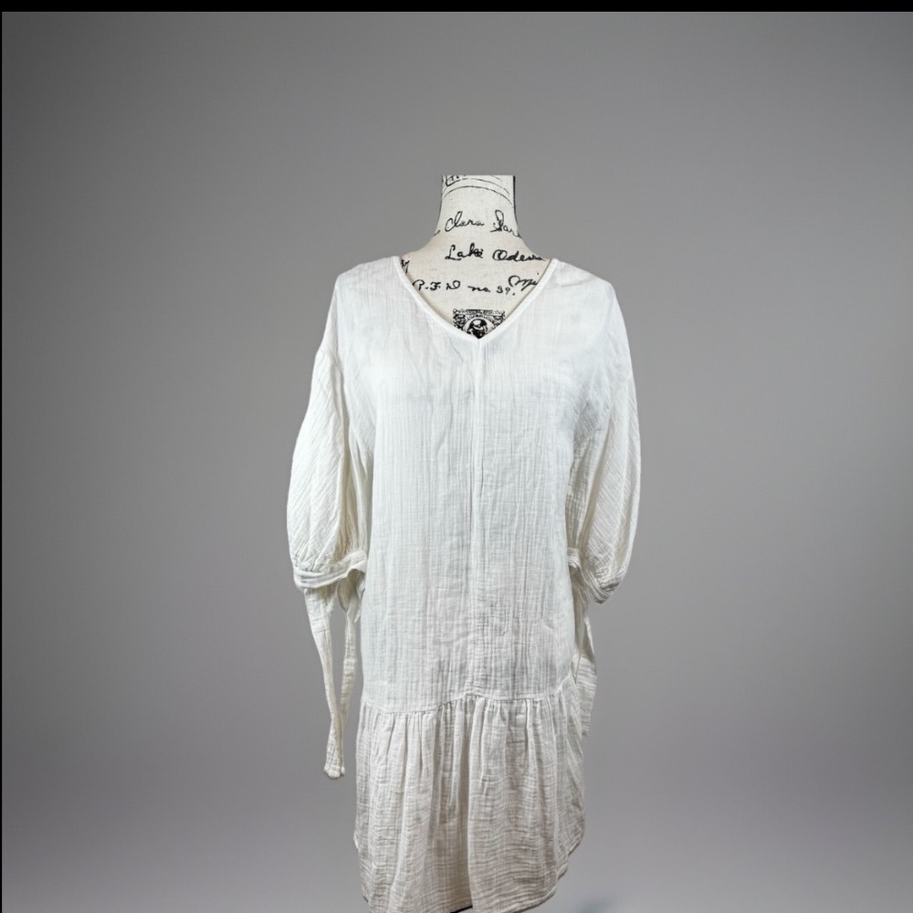 MNG White Gauze Mini Dress V-Neck Long Sleeve Tie Detail Size L‎